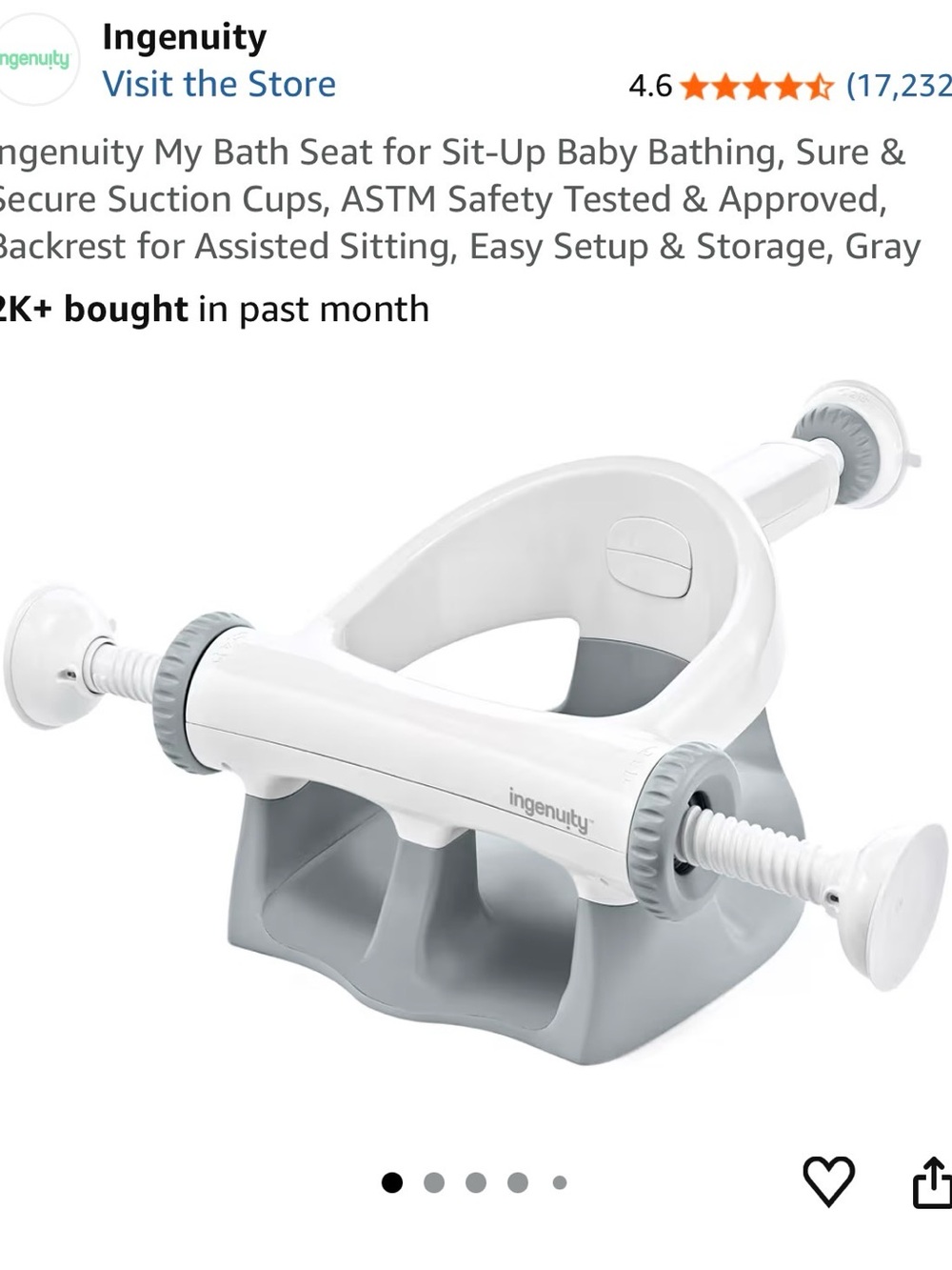 Ingenuity Baby Bath Seat with Suction Cups – Gray/White